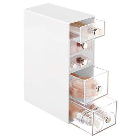 Amazon.com: mDesign Plastic Makeup Storage Organizer for Bathroom Vanity, Cabinet, Counters - Holds Lip Gloss, Eyeshadow Palettes, Brushes, Blush, Mascara, Lipstick, Liners, Hair Ties - 5 Drawers - White/Clear: Home & Kitchen