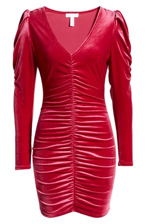 Leith Velour Ruched Long Sleeve Minidress | Nordstrom