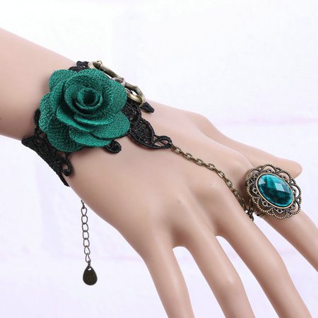 Vintage Black Lace Flower Bracelet/Ring (Dark Green)