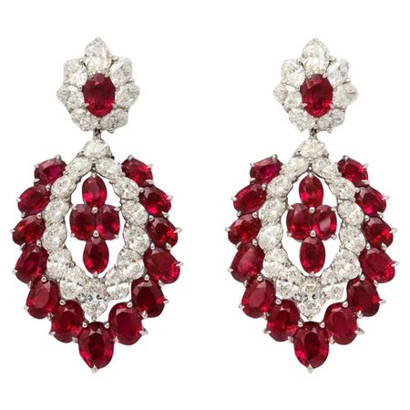 Burmese Ruby Diamond Hanging Earrings For Sale at 1stDibs