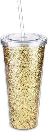 Amazon.com: Glam Double Walled Glitter Tumbler by Blush | Reusable Travel, Plastic, Slim, Iced Coffee Cup with Silicone Seal, Screw-On-Lid and Straw, 24oz, Gold: Home & Kitchen