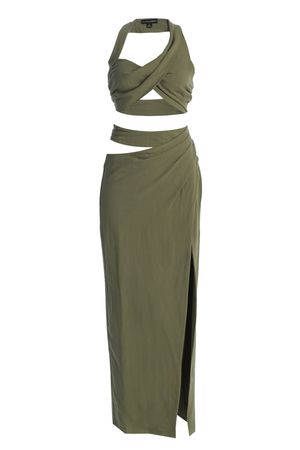 JLUXLABEL LINEN OLIVE NEW AGE TWO PIECE SKIRT SET