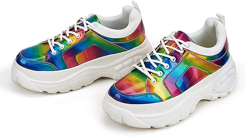 Amazon.com | LUCKY-STEP Womens Chunky Sneakers - Classic Athletic Sports Walking Shoes with Lace Up Platform Leather Trainers - Sports Wear (Rainbow, 6 B(M) US) | Walking