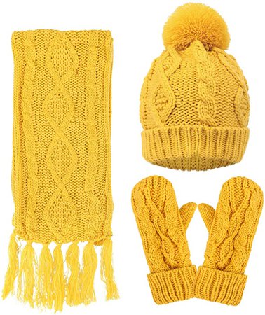 Women Lady Winter Warm Knitted Snowflake Hat Gloves and Scarf Winter Set,Yellow at Amazon Women’s Clothing store
