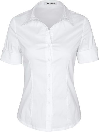 Womens Tailored Short Sleeve Basic Simple Button-Down Shirt Stretchy Long Sleeve, 3/4 Sleeve Shirts Top at Amazon Women’s Clothing store