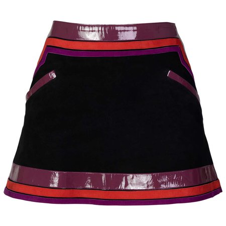 Gucci Black Suede Purple Pink Patent Leather Mod Mini Skirt Runway, 2007 For Sale at 1stDibs
