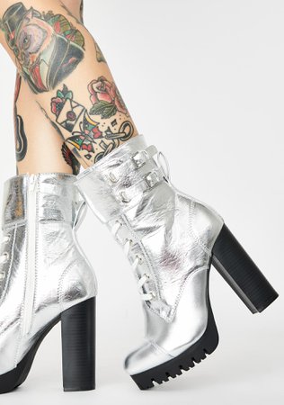 Silver Lace Up Buckle Reflective Platform Ankle Boots | Dolls Kill