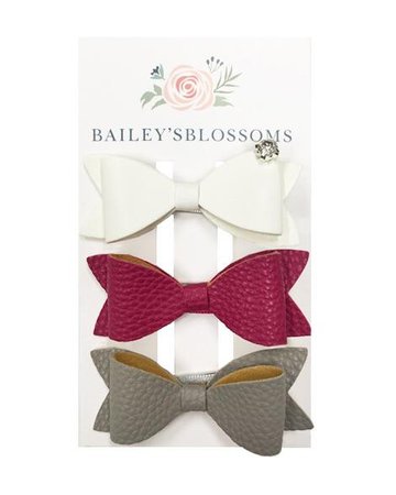 3pc Classic Bow Hair Clip Set - White, Fuchsia & Gray | Bailey&#39;s Blossoms