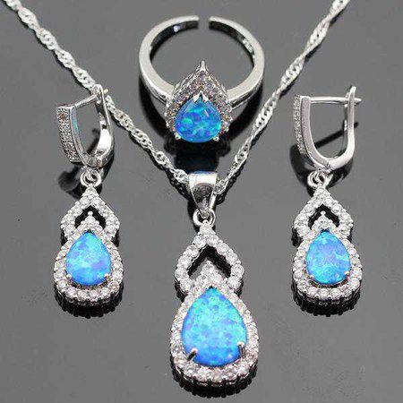 Earrings | Shop Women's Blue Opal Topaz Necklace Earrings Ring Jewelry Set at Fashiontage | 2370a12c-0-color-blue