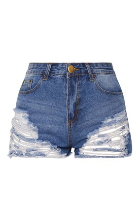 Jeanie Mid Wash Extreme Ripped Mom Shorts | PrettyLittleThing USA