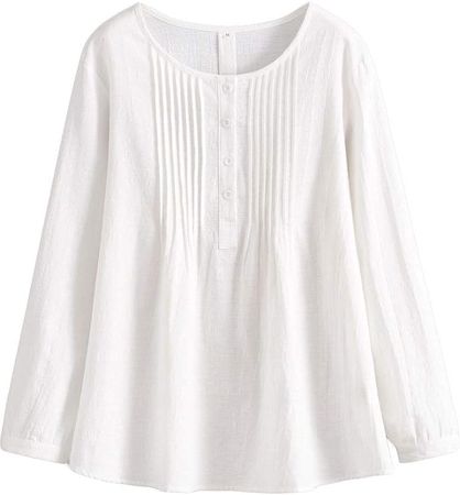 Minibee Women's Scoop Neck Pleated Blouse Solid Color Lovely Button Tunic Shirt White 2XL at Amazon Women’s Clothing store