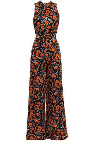 Black Lola bow-embellished printed silk-satin wide-leg jumpsuit | Sale up to 70% off | THE OUTNET | SEREN LONDON | THE OUTNET