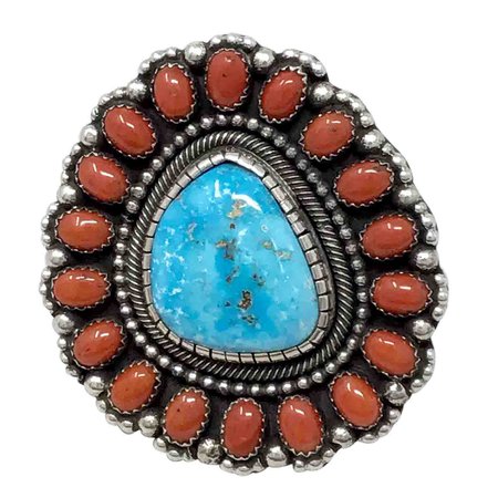 Hemerson Brown Navajo Handmade Adjustable Silver Coral And Turquoise Cluster Ring