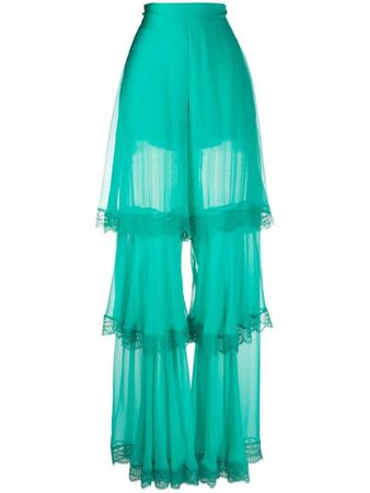 Shop green Alberta Ferretti lace inserts tiered palazzo pants with Express Delivery - Farfetch