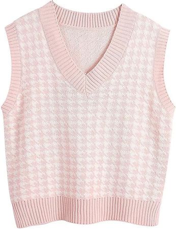 Sdencin Women Houndstooth Pattern Knit Sweater Vest Sleeveless Loose V-Neck 90s Waistcoat Pullover Knitwear Top Pink at Amazon Women’s Clothing store