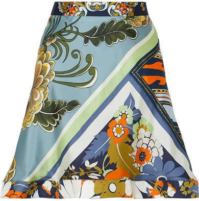 Asymmetric Ruffled Printed Silk-twill Skirt - Blue