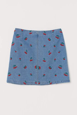Denim Skirt with Embroidery - Blue