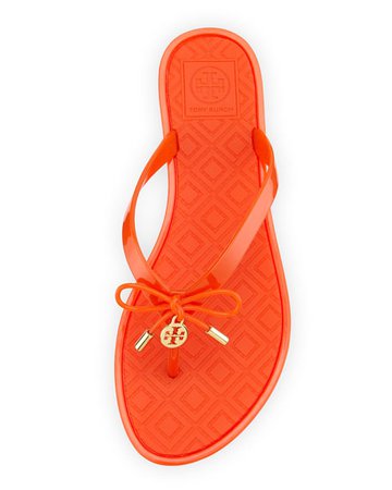 Tory Burch Jelly Bow Logo-Charm Thong Sandal, Pop Orange | Neiman Marcus
