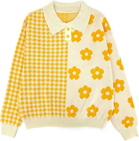 Womens Kawaii Color Block Sweaters Cute Plaid Collared Pullover Jumper Sweatshirts Yellow at Amazon Women’s Clothing store