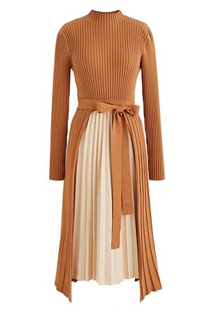 Front Pleats Splicing Belted Hi-Lo Knit Dress in Caramel - Retro, Indie and Unique Fashion