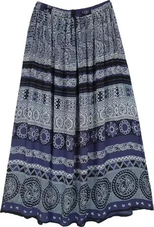 Jodhpur Blue Ethnic Printed Long Gypsy Skirt | Blue | Crinkle, Maxi-Skirt, Vacation, Paisley,Indian