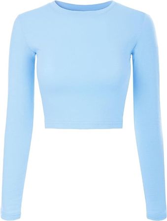 Design by Olivia Women's Solid Long Sleeve Round Neck Crop T Shirt Top at Amazon Women’s Clothing store