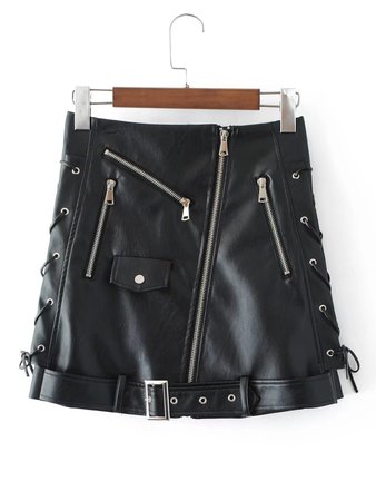 Zipper Detail Belted Moto Skirt