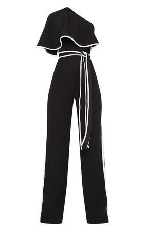 Black One Shoulder Contrast Binding Jumpsuit | PrettyLittleThing