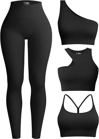 Amazon.com: OQQ Womens 4 Piece Workout Outfits Ribbed Yoga High Waist Leggings with 3 Piece Crop Tops with Sports Bra Exercise Set Black : Clothing, Shoes & Jewelry