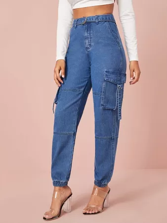 Flap Pocket Buckle Belted Cargo Jeans | SHEIN USA