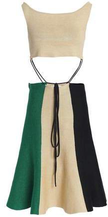 Tie-front Cutout Color-block Linen-blend Dress