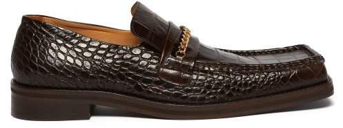 Square Toe Crocodile Effect Leather Loafers - Womens - Brown