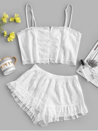 [32% OFF] [POPULAR] 2020 Lace Insert Ruffle Button Up Pajama Shorts Set In WHITE | ZAFUL Europe