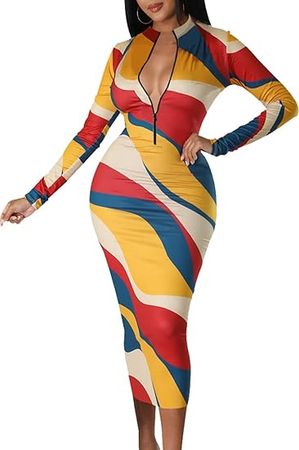 Amazon.com: JerXox Women's Sexy Bodycon Midi Dress Long Sleeve Zipper Stretchy Printed Party Dresses : Clothing, Shoes & Jewelry