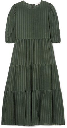 Tiered Striped Cotton-blend Jacquard Midi Dress - Green