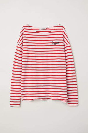 Striped Top with Text Motif - Red