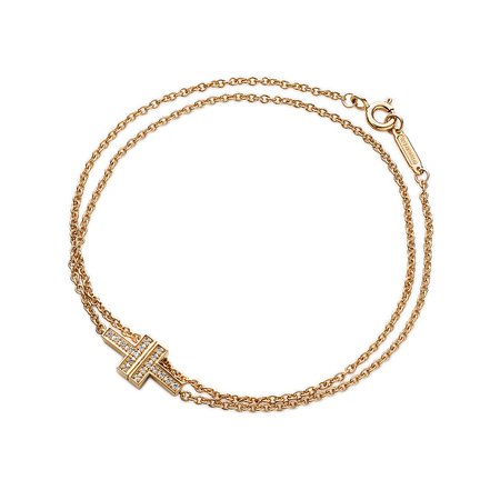 Tiffany T Two double chain bracelet in 18k gold with diamonds, medium. | Tiffany & Co.