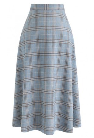 Plaid Faux Suede A-Line Midi Skirt in Blue - NEW ARRIVALS - Retro, Indie and Unique Fashion