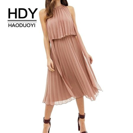 HDY Haoduoyi офисное женское платье с открытой спиной сексуальный вечерний галстук круглый воротник плиссированные платья средней длины женские летние оптом купить на AliExpress