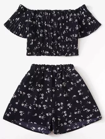 Off Shoulder Floral Crop Top With Shorts | ROMWE