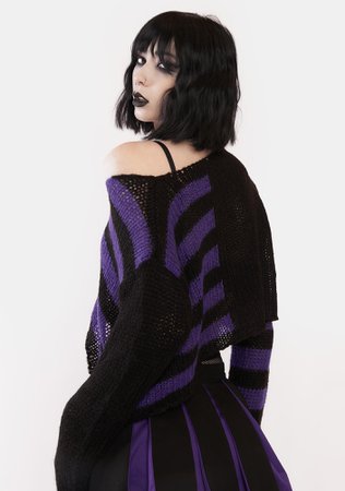 The Grave Girls Spliced Stripe Cropped Knit Sweater - Black/Purple | Dolls Kill