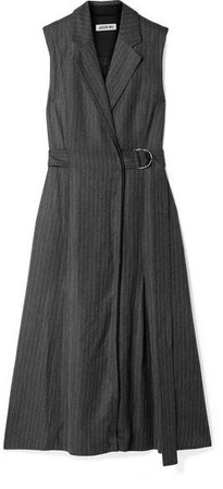 Belted Pinstriped Twill Dress - Gray