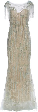 Marchesa Fringe-Embellished Tulle Gown