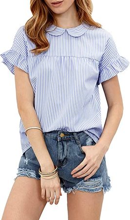 SheIn Women's Striped Collar Blouse Short Ruffle Sleeve Babydoll Shirt Top