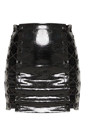 Black Croc Vinyl Extreme Lace Up Mini Skirt | PrettyLittleThing USA