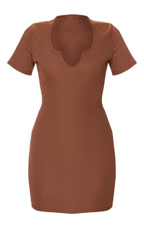 RECYCLED Chocolate Rib Short Sleeve Split Neck Bodycon Dress | PrettyLittleThing USA