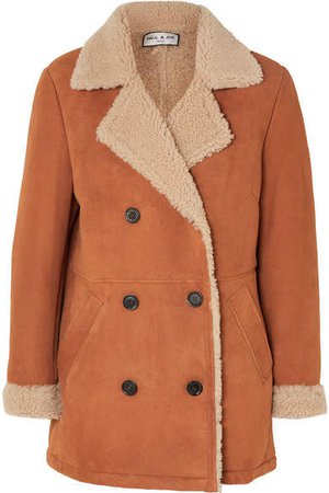 Double-breasted Faux Fur-lined Suede Jacket - Brown