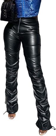 Sumleno High Waist Stacked Pants for Women Faux Leather Ruffle Ruched Leggings Y2k Black Pleated Sexy Aesthetic Streetwear at Amazon Women’s Clothing store