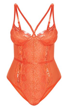 BURNT ORANGE CROSS FRONT MIXED LACE BODY