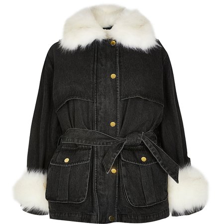Black faux fur collar and cuff denim jacket | River Island